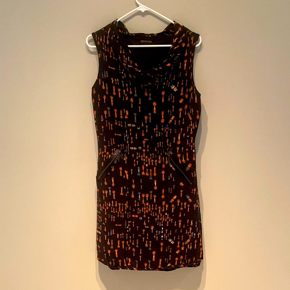 Skunkfunk brown drape-collared sleeveless shift dress with zipper pockets